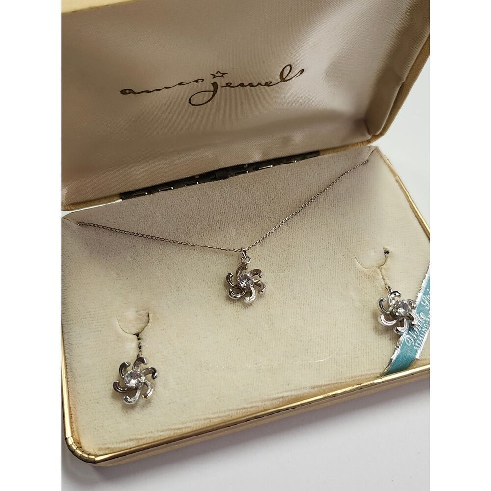 VTG AMCO Jewels White Spinel Sterling Rhodium Finish Necklace And Earrings Set